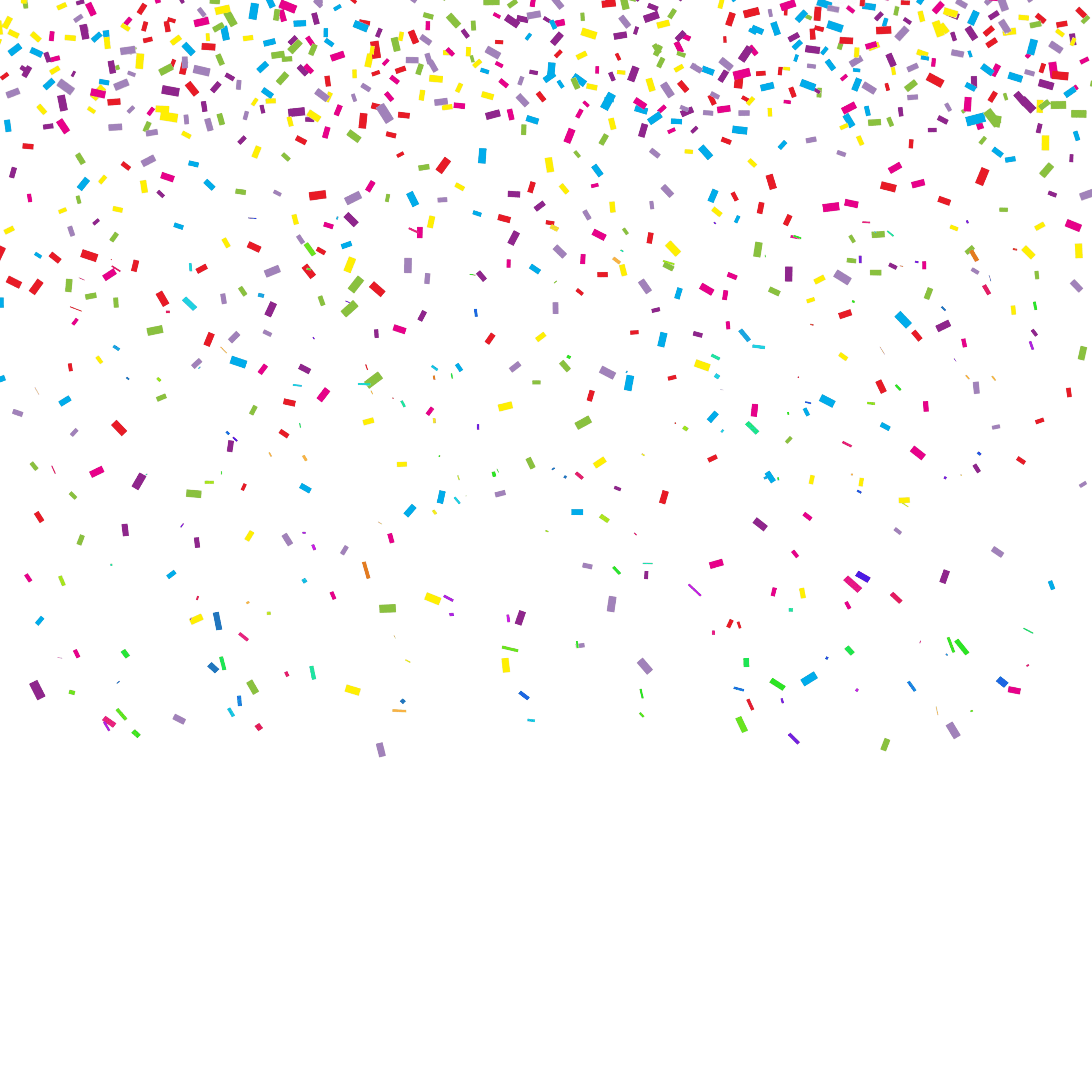 Colorful pixelated confetti cascades down from the top against a stark black background.