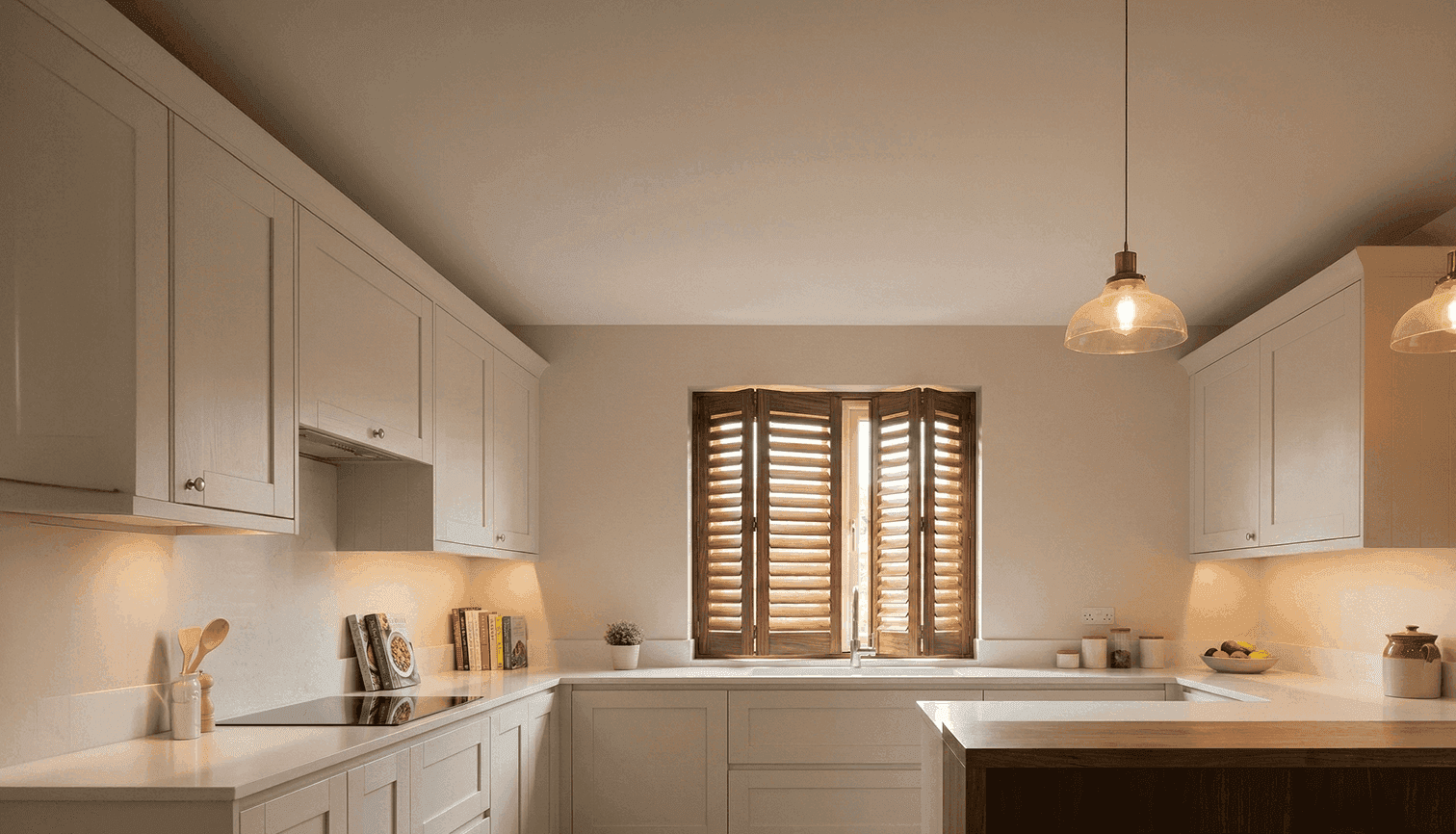 A sleek modern kitchen with white cabinets, light counters, under-cabinet lighting, and wooden blinds.
