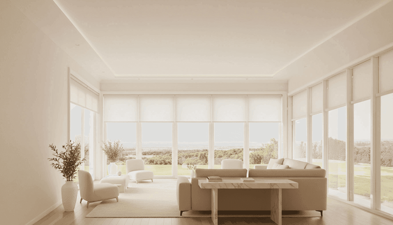 Modern living room with large windows, minimalist furniture, and a tranquil outdoor view.